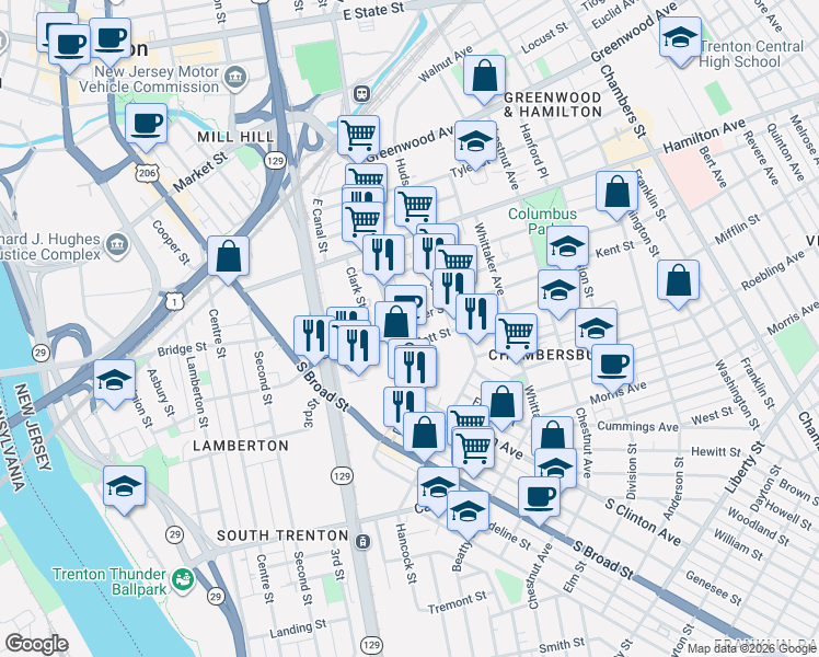 map of restaurants, bars, coffee shops, grocery stores, and more near 213 Elmer Street in Trenton