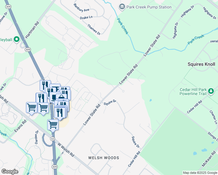 map of restaurants, bars, coffee shops, grocery stores, and more near 1360 Glen Acres Drive in North Wales