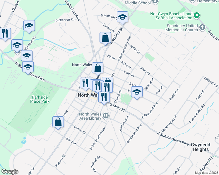 map of restaurants, bars, coffee shops, grocery stores, and more near 125 South 3rd Street in North Wales
