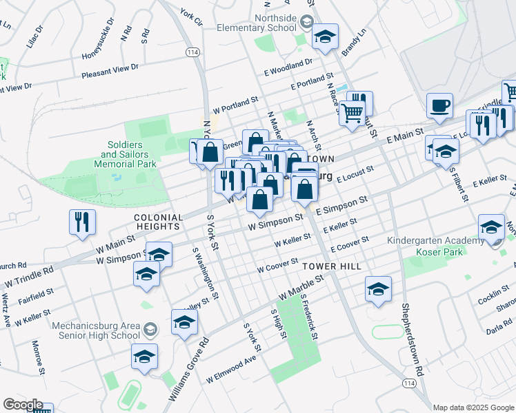 map of restaurants, bars, coffee shops, grocery stores, and more near 9 South Frederick Street in Mechanicsburg