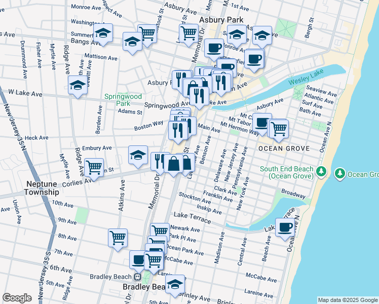 map of restaurants, bars, coffee shops, grocery stores, and more near 92 South Main Street in Monmouth County