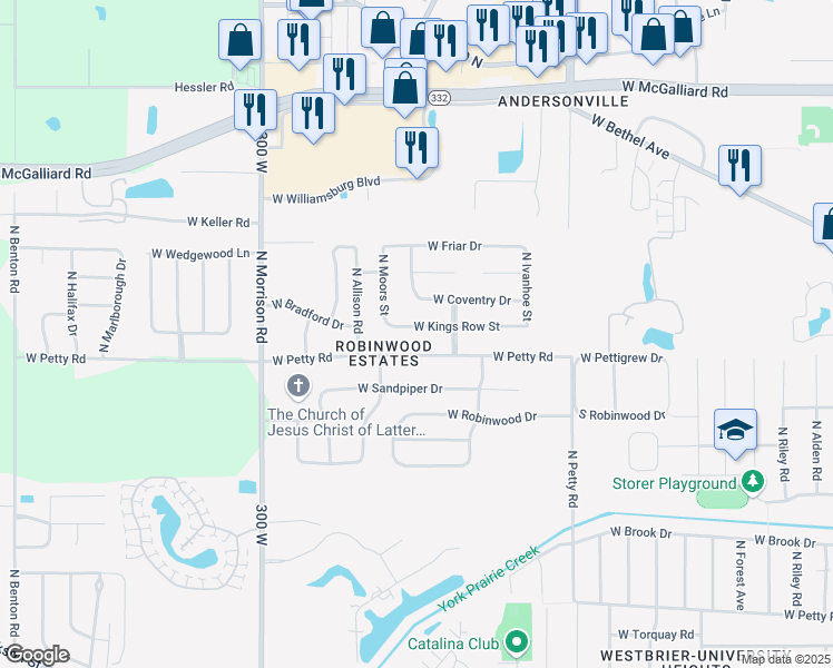 map of restaurants, bars, coffee shops, grocery stores, and more near 4317 West Kings Row Street in Muncie