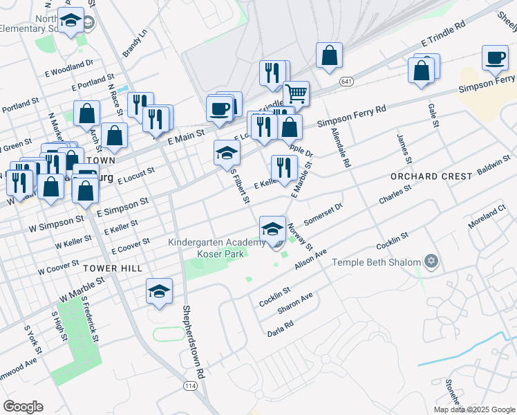 map of restaurants, bars, coffee shops, grocery stores, and more near 502 East Coover Street in Mechanicsburg