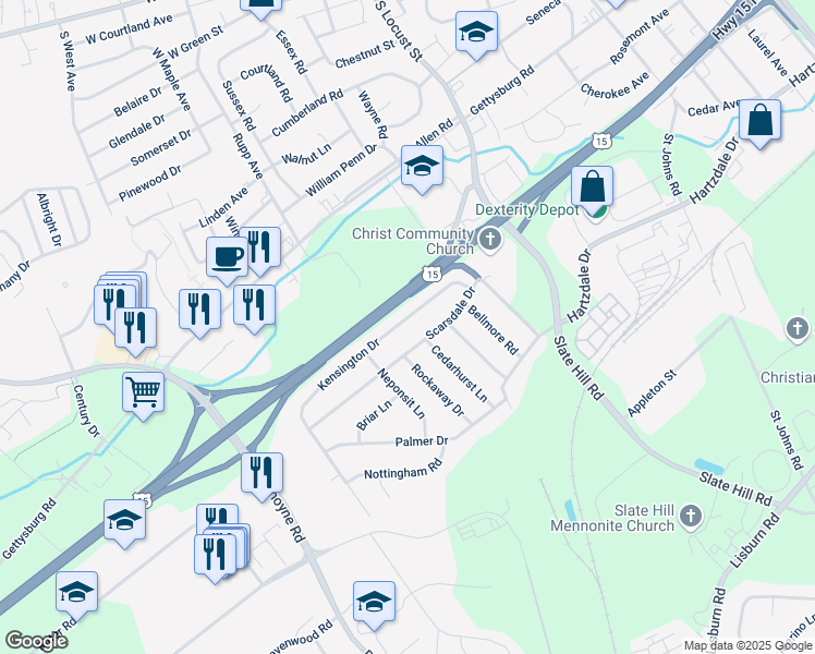 map of restaurants, bars, coffee shops, grocery stores, and more near 20 Kensington Drive in Camp Hill