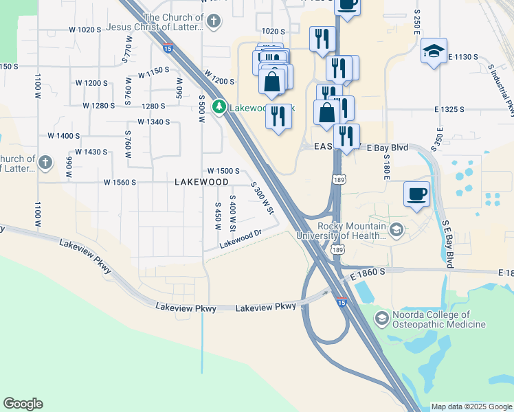 map of restaurants, bars, coffee shops, grocery stores, and more near 311 West 1610 South in Provo