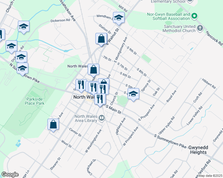 map of restaurants, bars, coffee shops, grocery stores, and more near 208 South 4th Street in North Wales