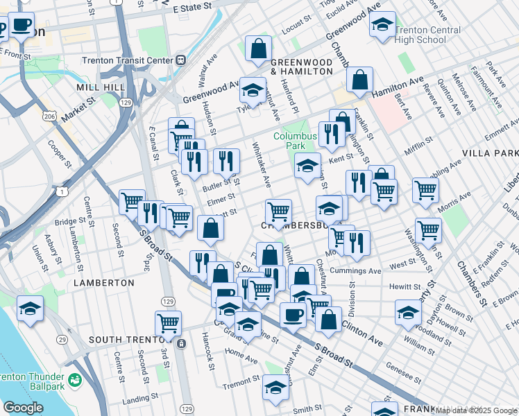 map of restaurants, bars, coffee shops, grocery stores, and more near 121 Mott Street in Trenton