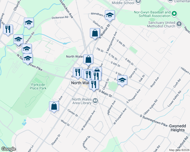 map of restaurants, bars, coffee shops, grocery stores, and more near 125 South 3rd Street in North Wales