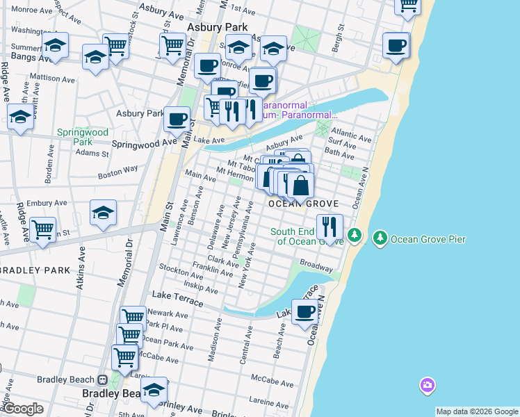 map of restaurants, bars, coffee shops, grocery stores, and more near 73 Heck Avenue in Neptune Township
