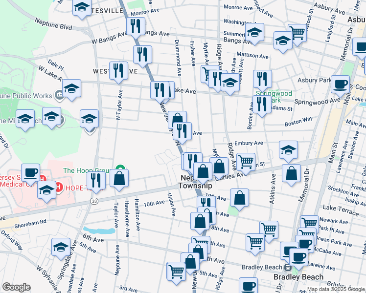 map of restaurants, bars, coffee shops, grocery stores, and more near 32 New Jersey 35 in Neptune City