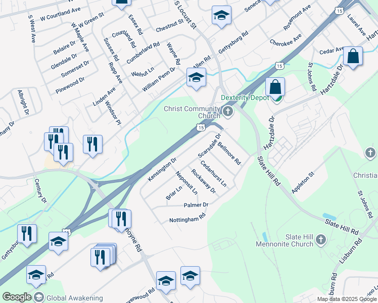 map of restaurants, bars, coffee shops, grocery stores, and more near 20 Kensington Drive in Camp Hill