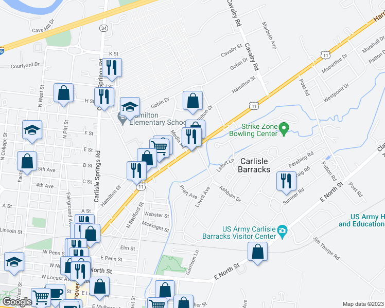 map of restaurants, bars, coffee shops, grocery stores, and more near 853 North Hanover Street in Carlisle