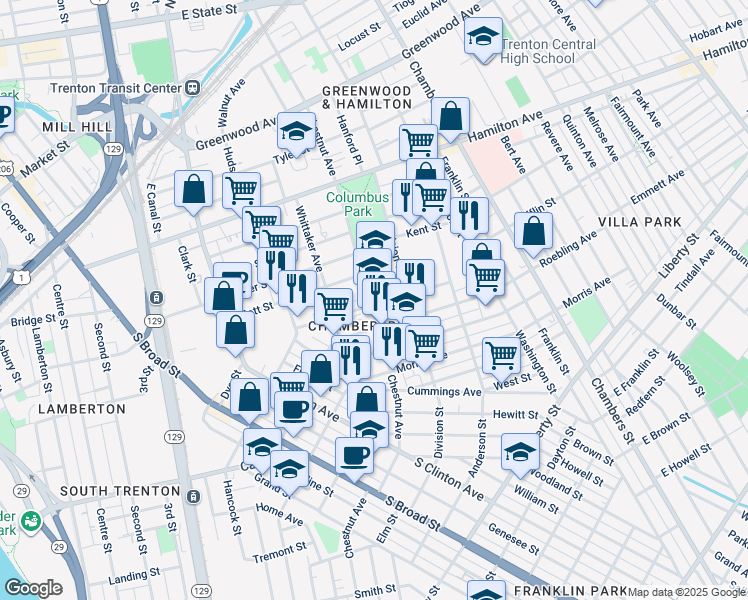 map of restaurants, bars, coffee shops, grocery stores, and more near 544 Chestnut Avenue in Trenton