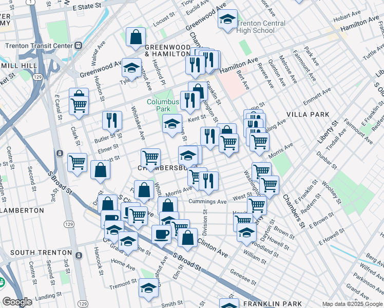 map of restaurants, bars, coffee shops, grocery stores, and more near 3 College Street in Trenton