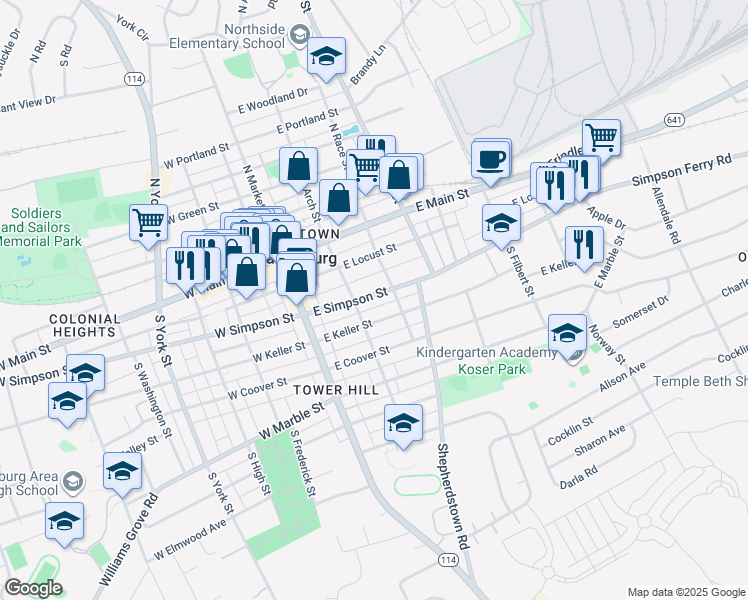 map of restaurants, bars, coffee shops, grocery stores, and more near 114 East Simpson Street in Mechanicsburg