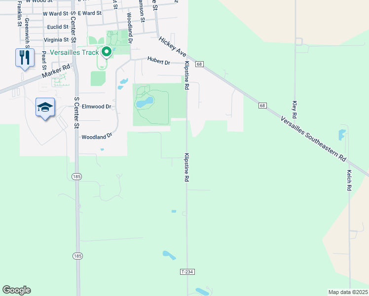 map of restaurants, bars, coffee shops, grocery stores, and more near 10022 Klipstine Road in Versailles