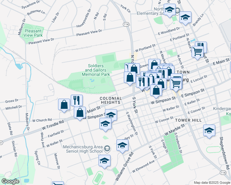 map of restaurants, bars, coffee shops, grocery stores, and more near 47 North Washington Street in Mechanicsburg