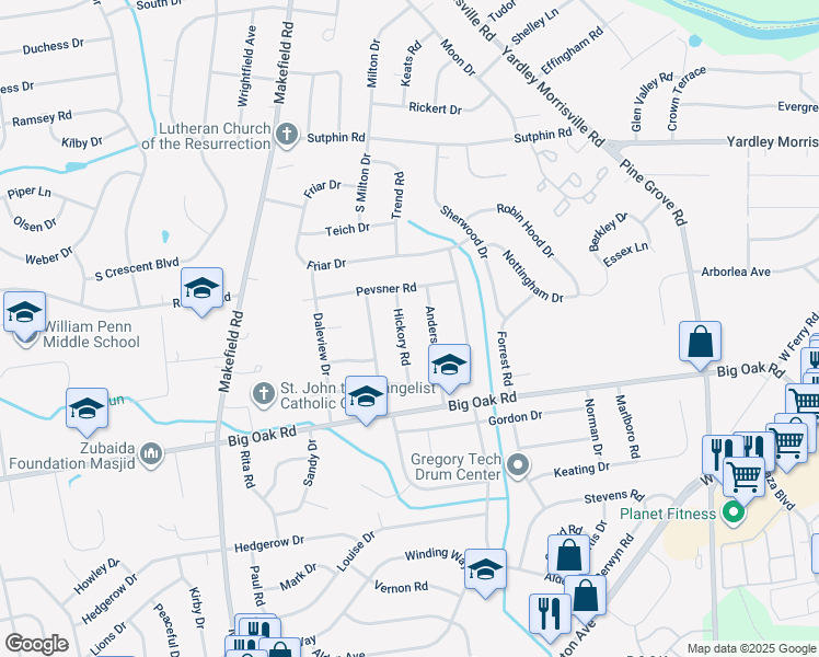 map of restaurants, bars, coffee shops, grocery stores, and more near 292 Hickory Road in Yardley