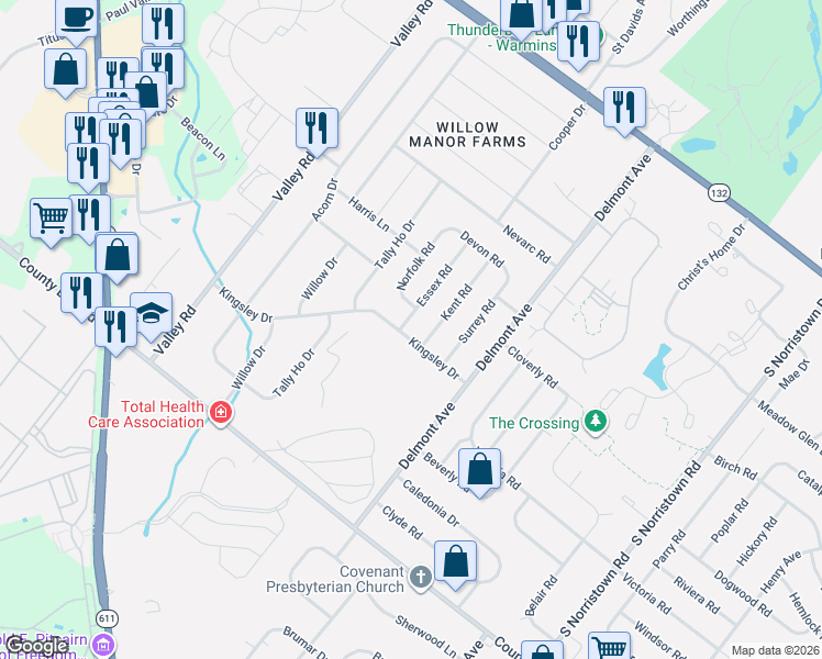 map of restaurants, bars, coffee shops, grocery stores, and more near 1425 Kingsley Drive in Warminster