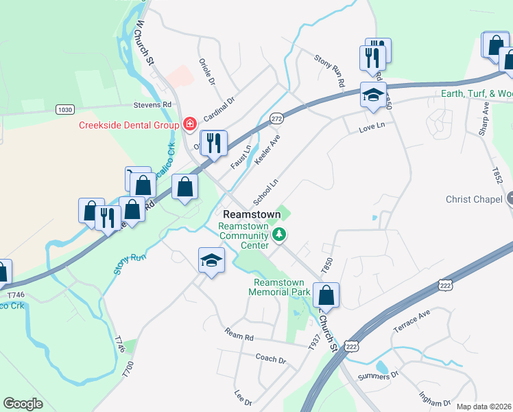 map of restaurants, bars, coffee shops, grocery stores, and more near in Reamstown