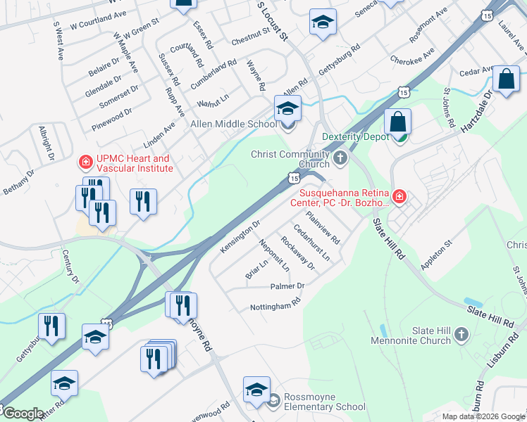 map of restaurants, bars, coffee shops, grocery stores, and more near 27 Kensington Drive in Camp Hill