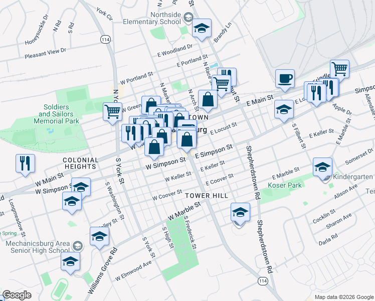 map of restaurants, bars, coffee shops, grocery stores, and more near 111 South Market Street in Mechanicsburg