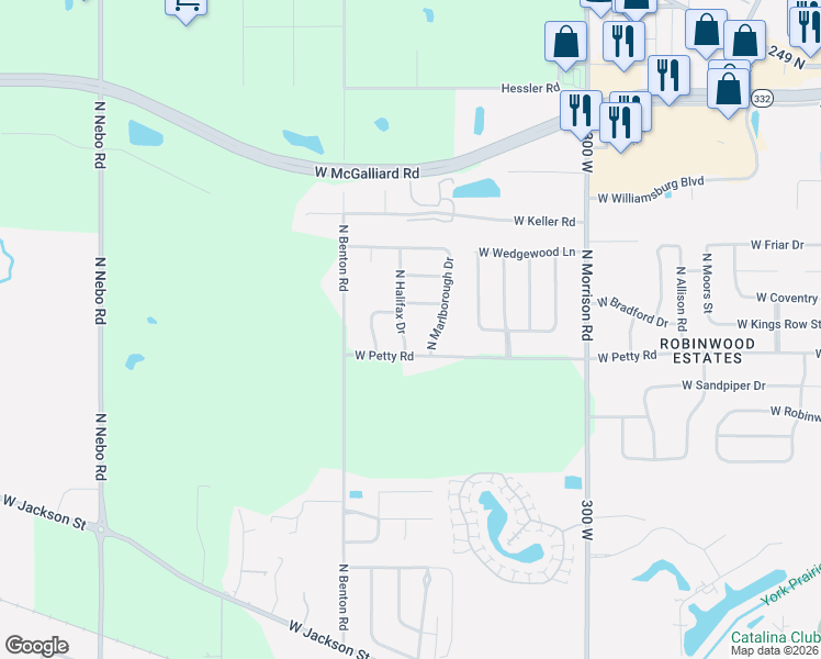 map of restaurants, bars, coffee shops, grocery stores, and more near 2109 North Marlborough Drive in Muncie