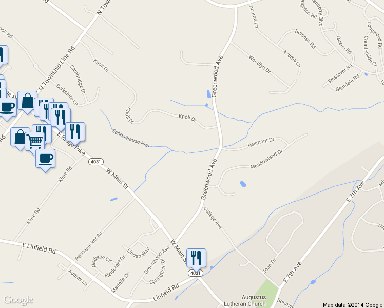 map of restaurants, bars, coffee shops, grocery stores, and more near 233 Greenwood Avenue in Collegeville