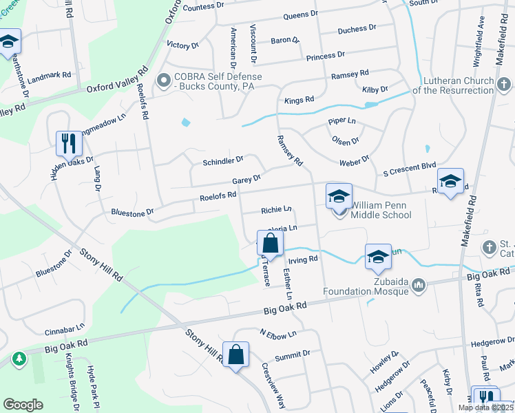 map of restaurants, bars, coffee shops, grocery stores, and more near 20 Richie Lane in Yardley