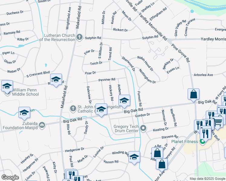 map of restaurants, bars, coffee shops, grocery stores, and more near 292 Hickory Road in Yardley