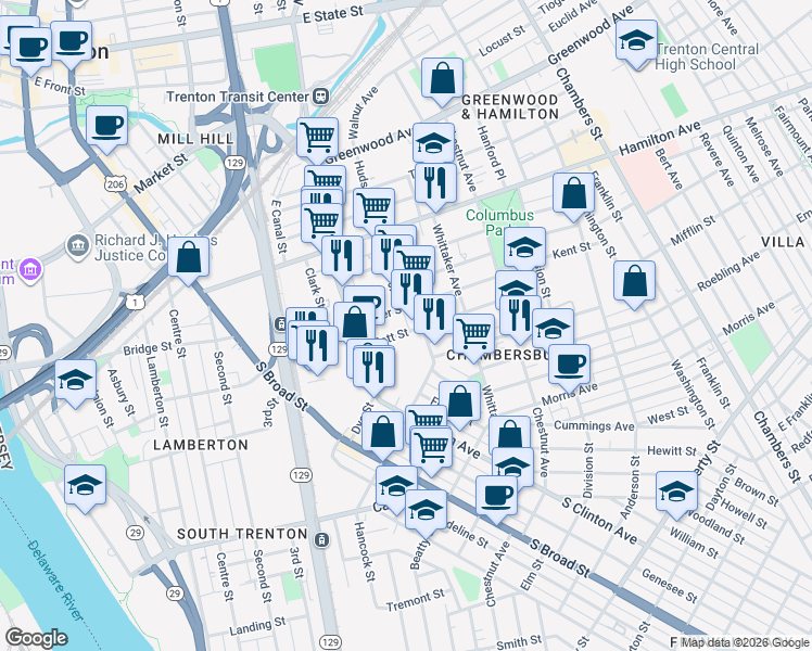 map of restaurants, bars, coffee shops, grocery stores, and more near 60 Mott Street in Trenton
