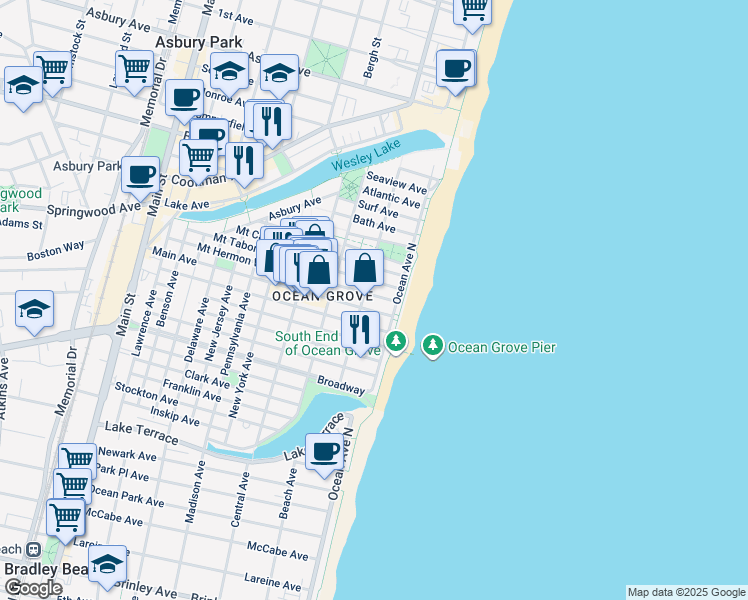 map of restaurants, bars, coffee shops, grocery stores, and more near 8 Olin Street in Neptune Township