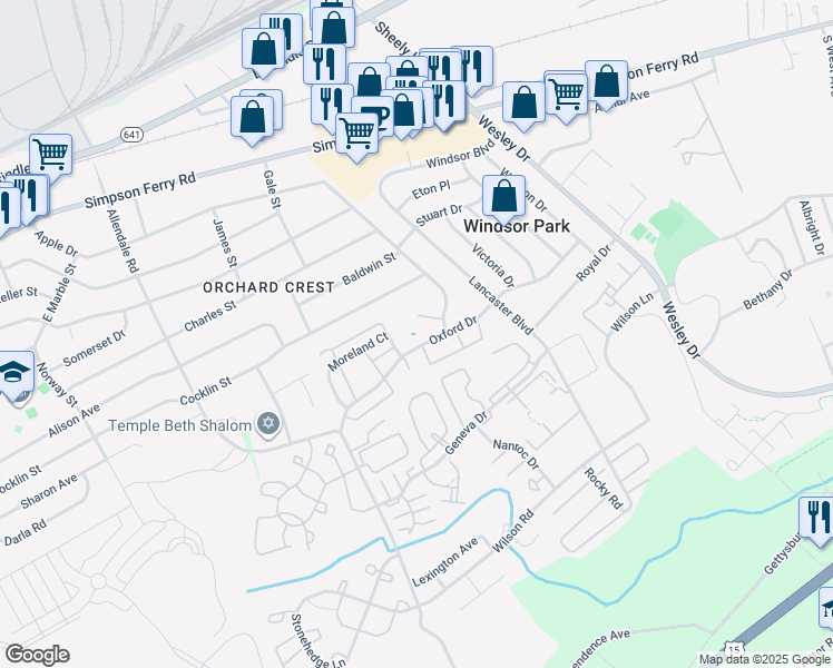 map of restaurants, bars, coffee shops, grocery stores, and more near 5349 Oxford Drive in Mechanicsburg