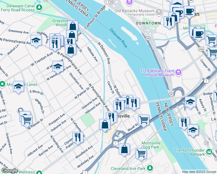 map of restaurants, bars, coffee shops, grocery stores, and more near 147 Centre Street in Morrisville