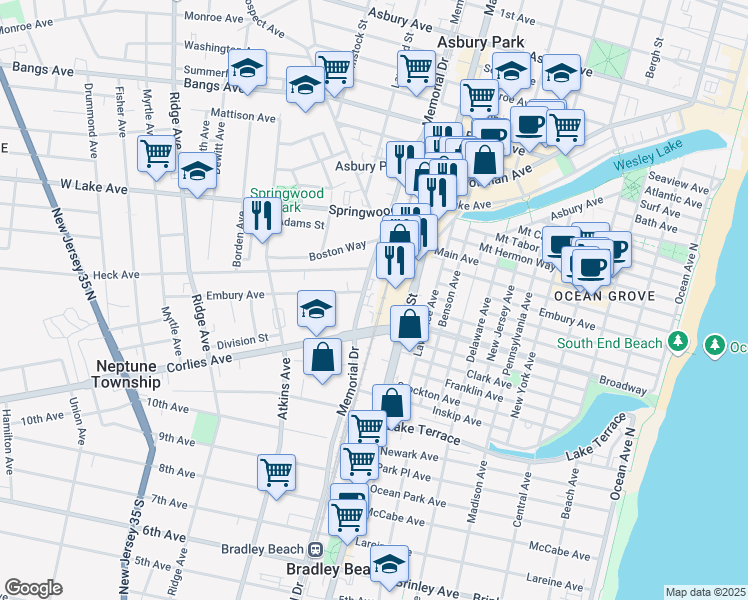 map of restaurants, bars, coffee shops, grocery stores, and more near 8 Memorial Drive in Neptune City
