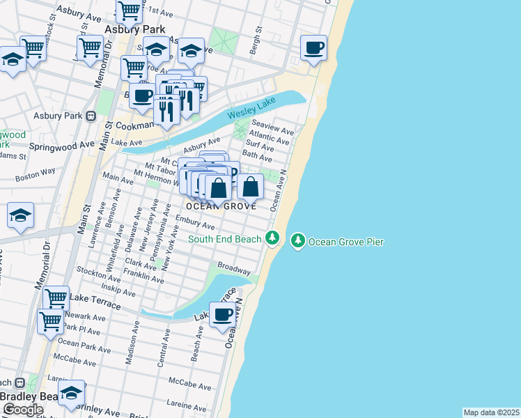 map of restaurants, bars, coffee shops, grocery stores, and more near 8 Olin Street in Neptune Township