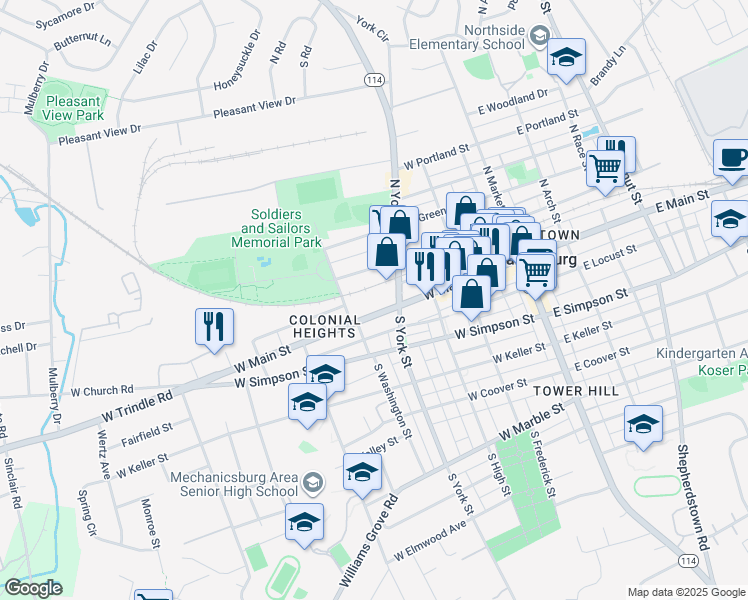 map of restaurants, bars, coffee shops, grocery stores, and more near 318 West Main Street in Mechanicsburg