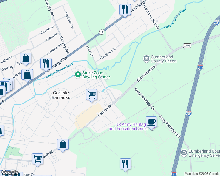 map of restaurants, bars, coffee shops, grocery stores, and more near 754 Craig Road in Carlisle