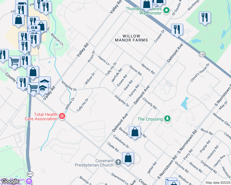 map of restaurants, bars, coffee shops, grocery stores, and more near 1425 Kingsley Drive in Warminster