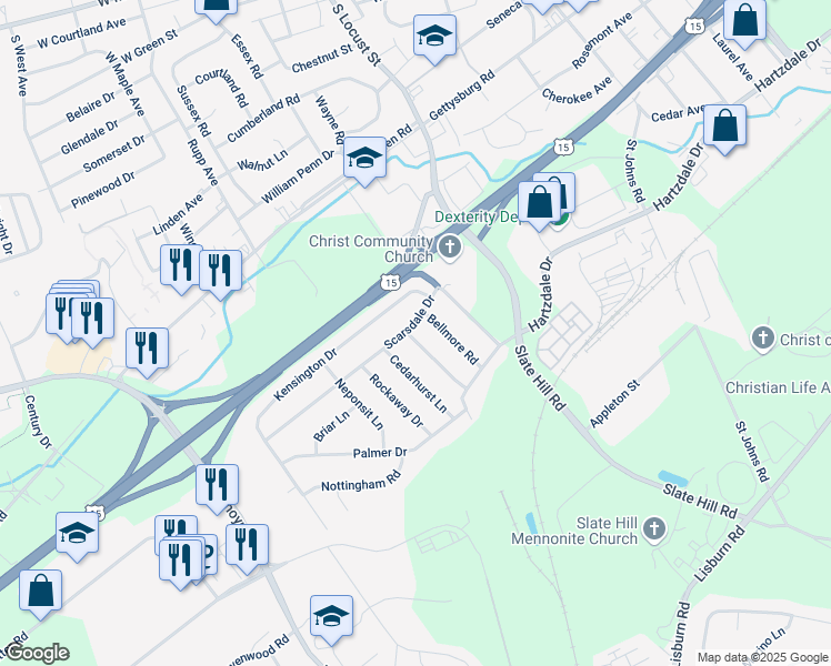 map of restaurants, bars, coffee shops, grocery stores, and more near 3 Bellmore Road in Camp Hill