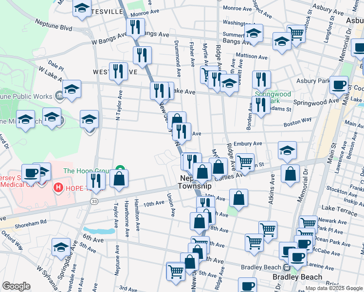 map of restaurants, bars, coffee shops, grocery stores, and more near 32 New Jersey 35 in Neptune City