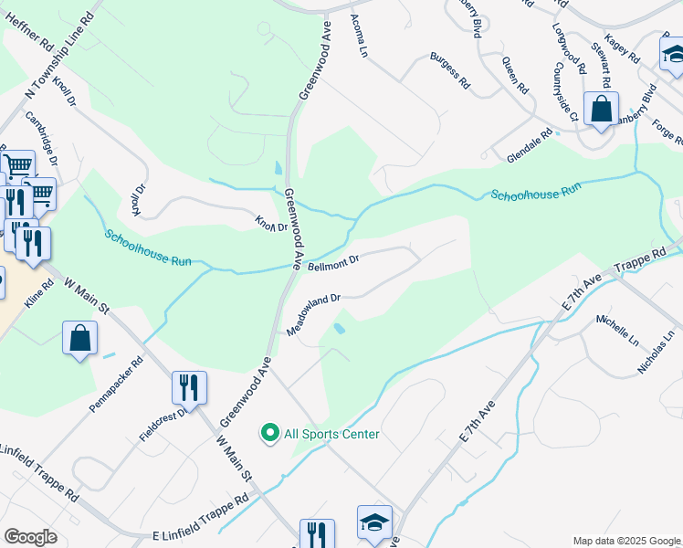 map of restaurants, bars, coffee shops, grocery stores, and more near 17 Bellmont Drive in Collegeville