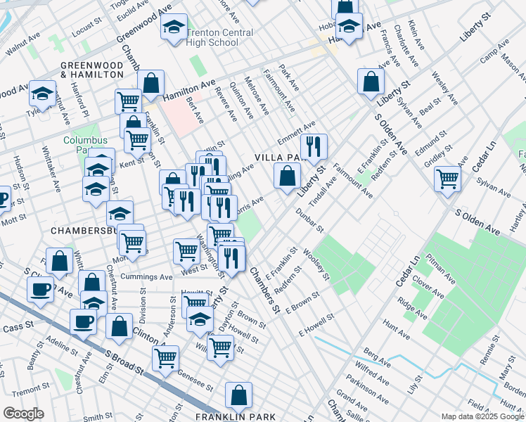 map of restaurants, bars, coffee shops, grocery stores, and more near 522 Columbus Avenue in Trenton