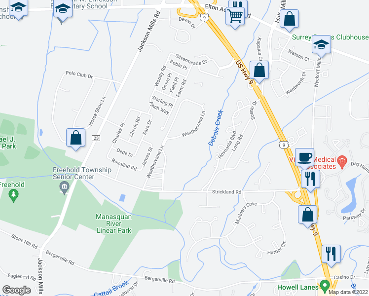 map of restaurants, bars, coffee shops, grocery stores, and more near 1701 Wagon Wheel Court in Freehold