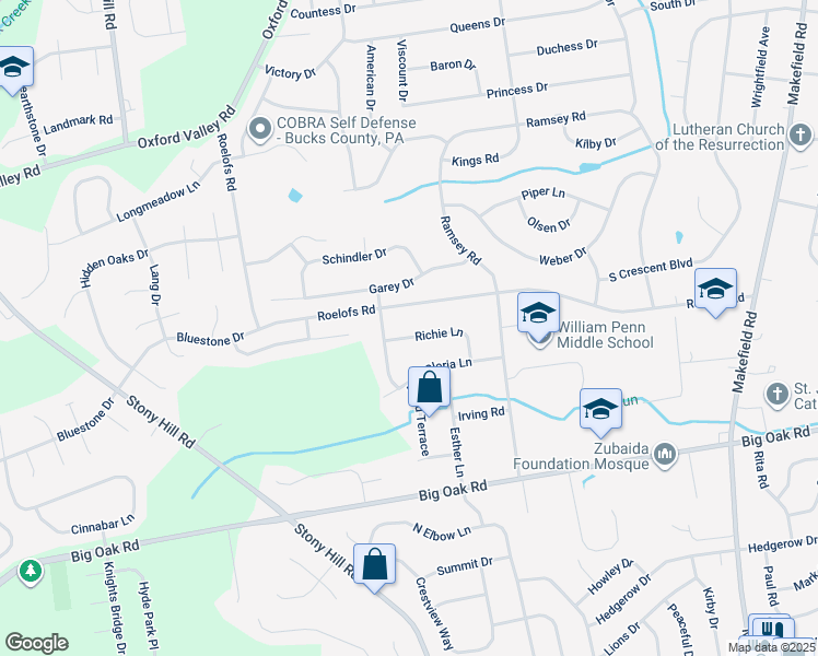 map of restaurants, bars, coffee shops, grocery stores, and more near 20 Richie Lane in Yardley