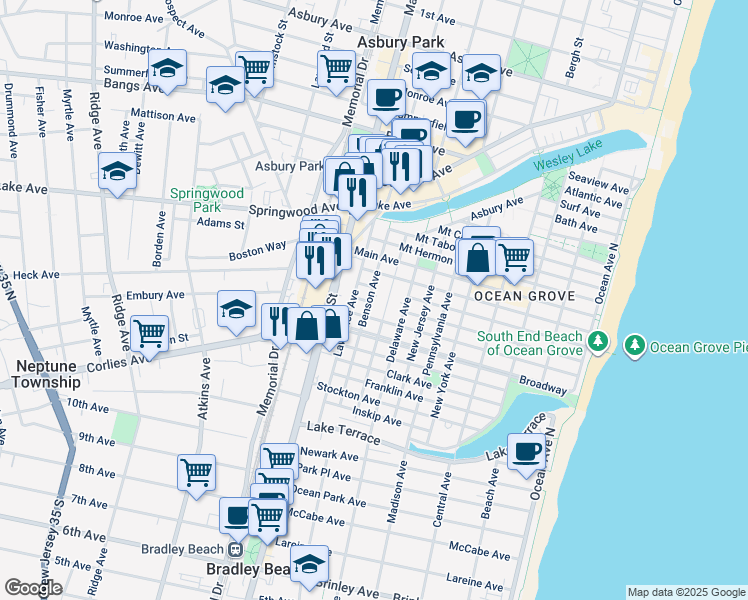 map of restaurants, bars, coffee shops, grocery stores, and more near 71 Benson Avenue in Monmouth County