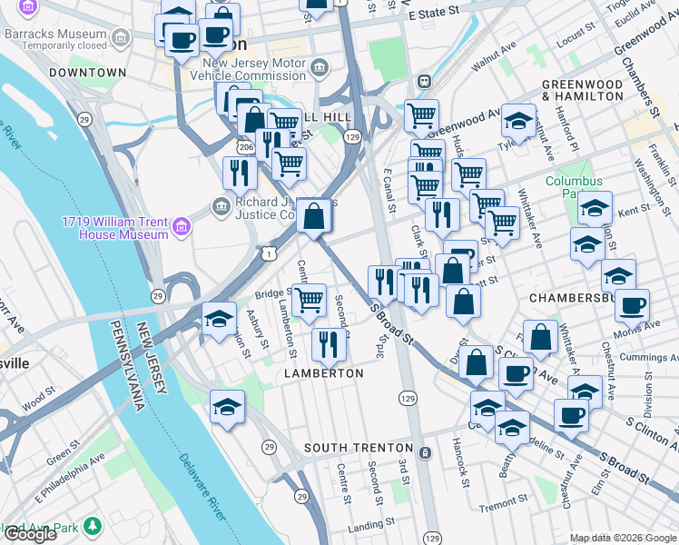 map of restaurants, bars, coffee shops, grocery stores, and more near 485 S Broad St in Trenton
