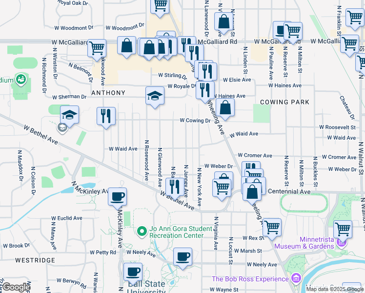 map of restaurants, bars, coffee shops, grocery stores, and more near 2101 North Janney Avenue in Muncie