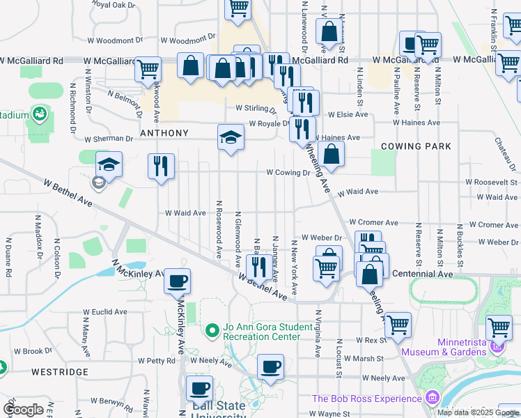 map of restaurants, bars, coffee shops, grocery stores, and more near 2101 North Janney Avenue in Muncie