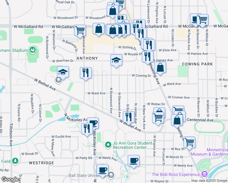 map of restaurants, bars, coffee shops, grocery stores, and more near 2100 North Rosewood Avenue in Muncie